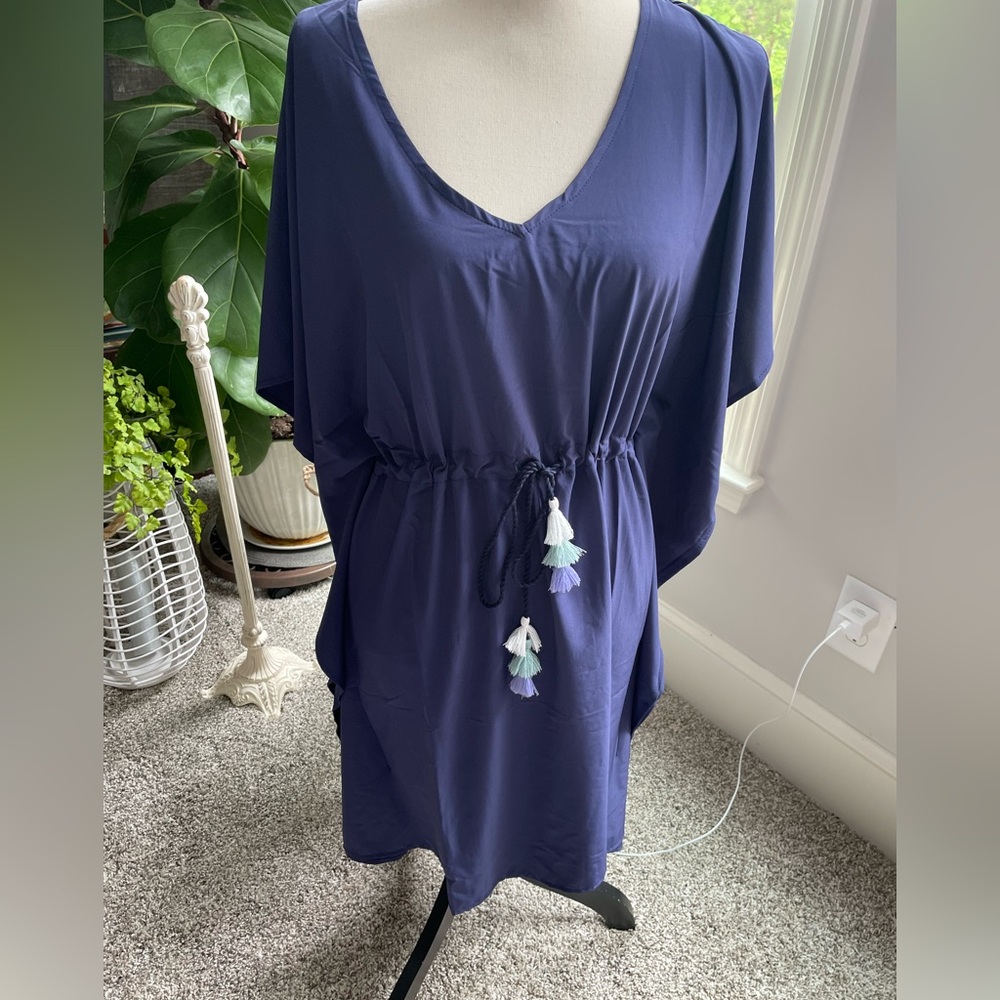 Women's Navy Blue Swim Coverup with Tassel Drawstring